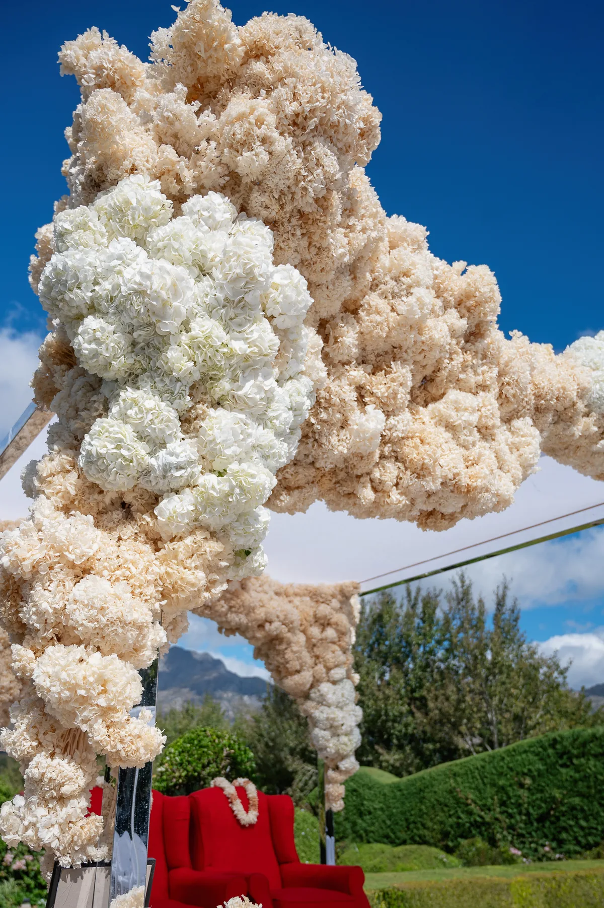 Sculptural white floral installation framing a red ceremonial seat