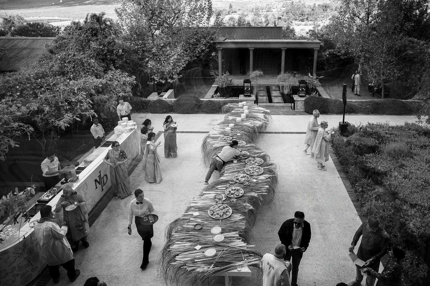 Black-and-white view of the outdoor banquet