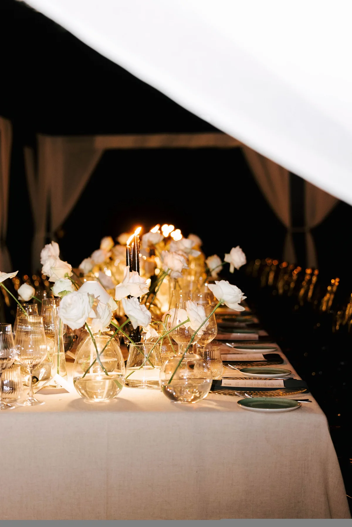 Candlelit dinner table beneath a dark canopy