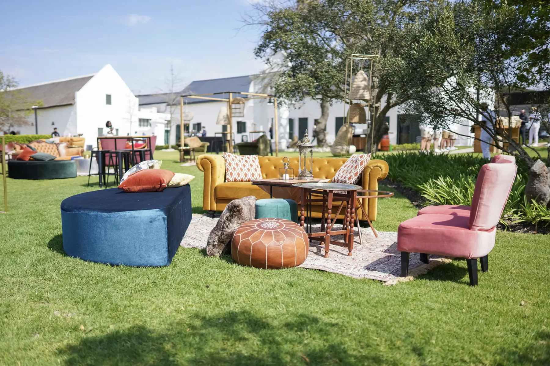Colourful lounge setting on the lawn