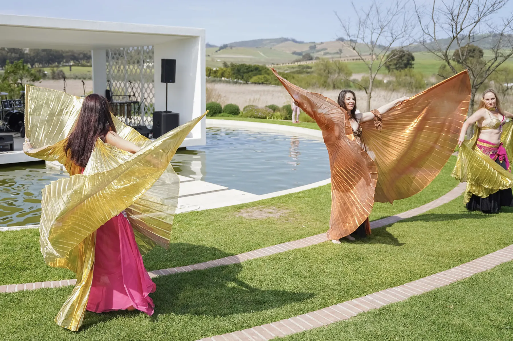 Dancers in metallic wings beside the pool