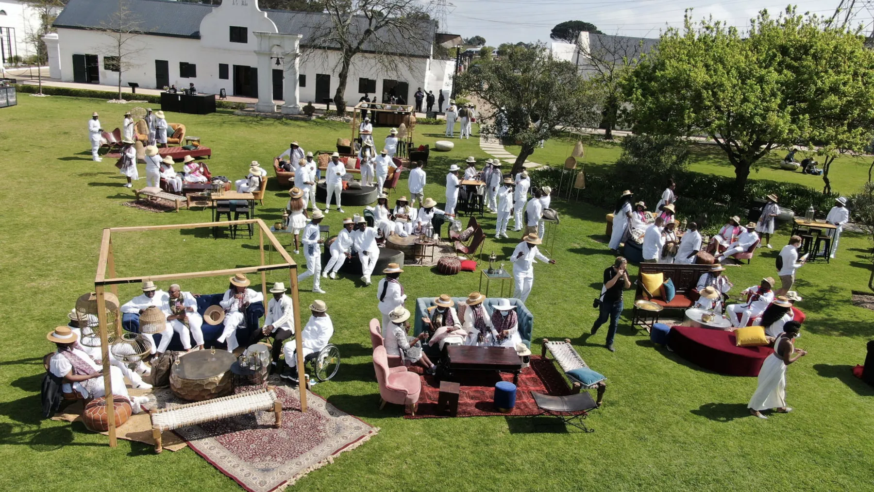 Aerial view of guests gathered across the garden